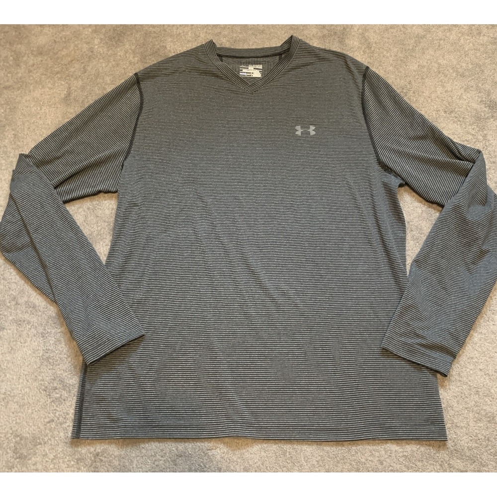 Under Armour Shirt Men's‎ 2XL Black Gray Striped V-Neck Fitted Cold Gear